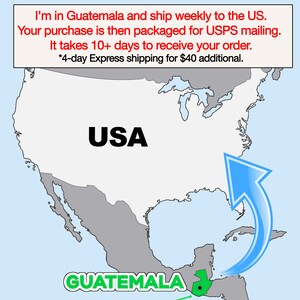 Pode incluir: Ilustra&ccedil;&atilde;o de mapa mostrando a Guatemala e os EUA, com uma seta azul indicando o envio da Guatemala para os EUA. O texto inclui "USA" e "GUATEMALA". Texto adicional indica informa&ccedil;&otilde;es de envio.
