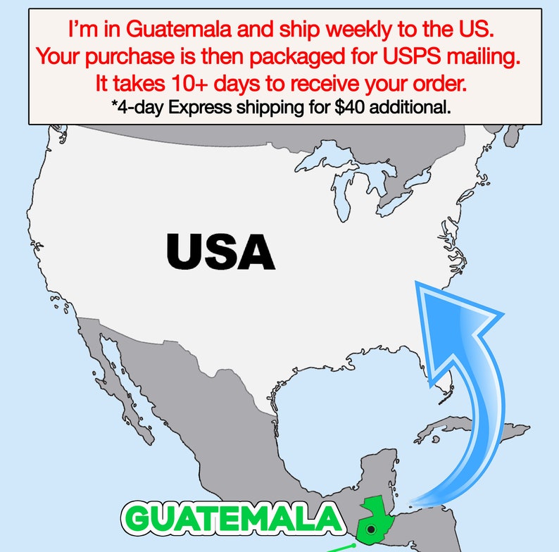 Pode incluir: Ilustra&ccedil;&atilde;o de mapa mostrando a Guatemala e os EUA, com uma seta azul indicando o envio da Guatemala para os EUA. O texto inclui "USA" e "GUATEMALA". Texto adicional indica informa&ccedil;&otilde;es de envio.