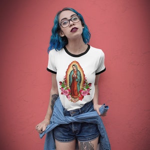 Virgin Mary Women&#39;s Tshirt, Our Lady of Guadalupe White Ringer Girl&#39;s Top