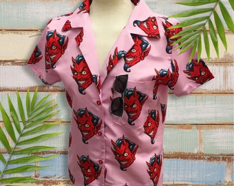 Women's Tropical Blouse with Kawaii Pink Devils, Fitted Tropical Hawaiian Vacation Shirt, Button Up, Short Sleeve