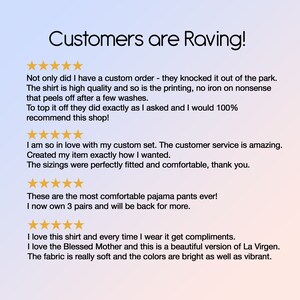 May include: Customer reviews for a shop selling custom clothing and apparel. The reviews highlight the high quality of the products, the excellent customer service, and the overall satisfaction of the customers.