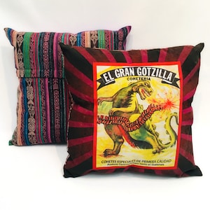 Godzilla Funny Pillow Cover, Vintage Firecracker Label Design, Guatemala Fabric, Decorative Throw Pillow