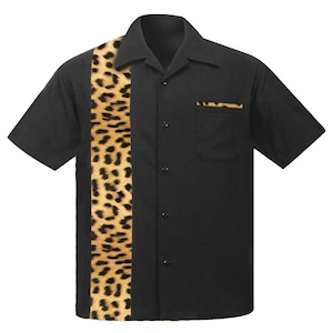 Herren Leopard Bowling Shirt, Casual Button Down Retro Rockabilly Style