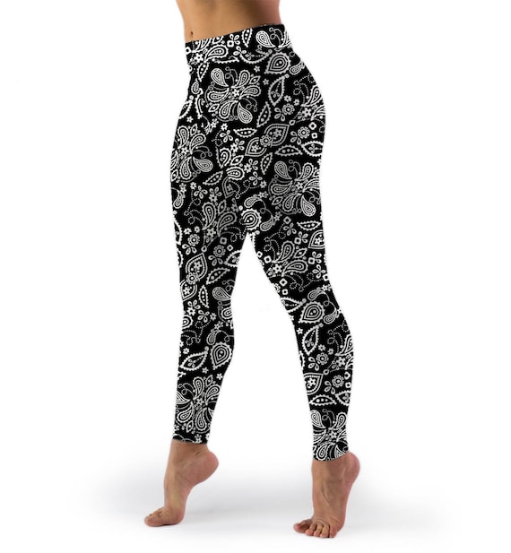 Paisley Lycra Leggings, High Waist Black 4-way Stretch With Stash Pocket 