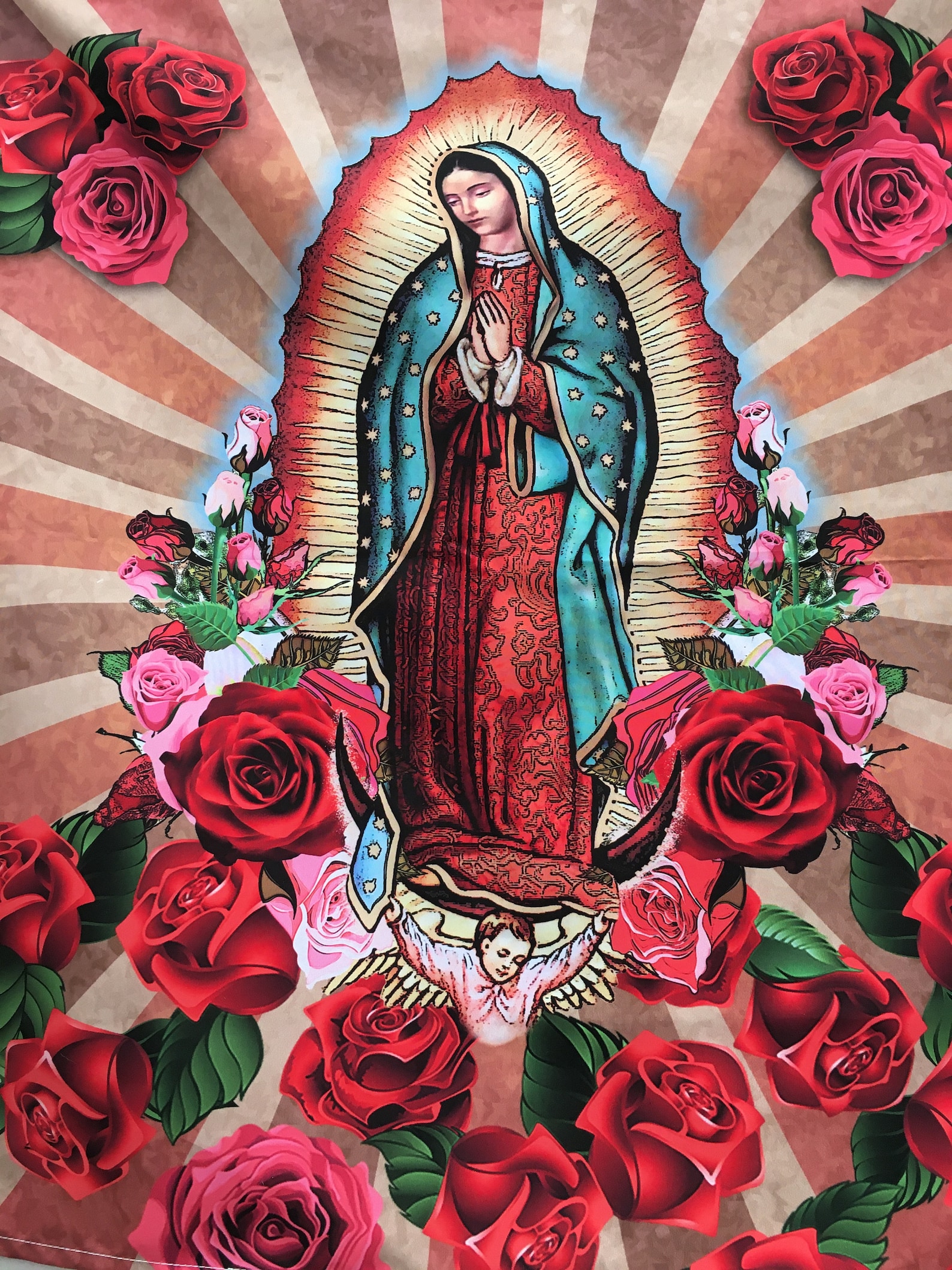 Our Lady Of Guadalupe Tapestry Virgin Mary With Red Roses Etsy