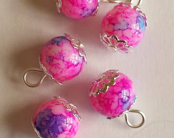 5 pendants 10mm pink/blue glass beads