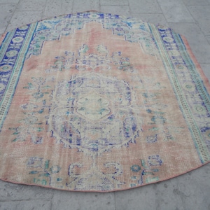 7,1 x 6,6 rond tapijt, vervaagd cirkeltapijt, Turks vintage laagpolig tapijt, wollen eetkamertapijt, handgemaakt rond tapijt, ovaal studeerkamertapijt