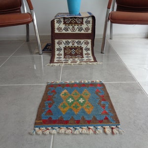 Blue Kilim Chair Mat, Green Coffee Table Cover, Flat Woven Small Rug, Welcome Mat, Brown Entrance Mat, Tiny Gift Rug 1.5x 1. 4 Desk Rug CURT