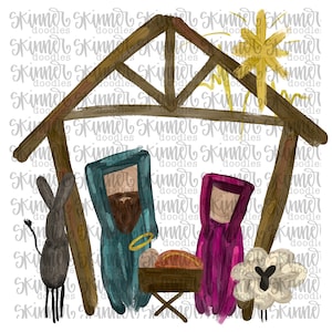 Peut inclure: Une illustration peinte à la main de la scène de la Nativité. La scène représente Marie, Joseph et l'enfant Jésus dans une étable en bois avec un âne et un mouton. L'illustration est réalisée dans un style fantaisiste avec des couleurs vives.