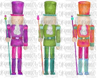 May include: Three watercolor nutcracker figurines. The nutcracker on the left is purple, the middle nutcracker is green, and the nutcracker on the right is orange. Each nutcracker is holding a stick.