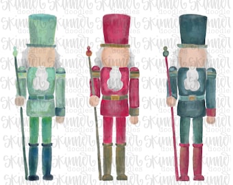 May include: Three watercolor nutcracker figurines. One is green, one is red, and one is blue. Each nutcracker is holding a staff and has a white beard.