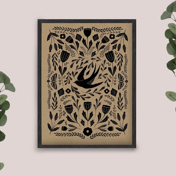 Folk Bird Print on Craft Paper Print