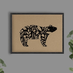 Folk Bear Print on Craft Paper Print