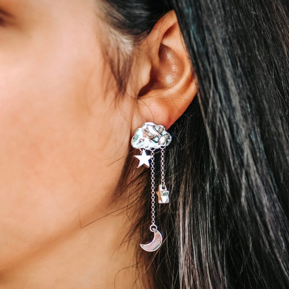Cloud Earrings, Moon Stars Earrings, Asymmetric Earrings, Dangle Star Earrings, Statement Earrings, Silver Dangle Earrings, Moon Earrings