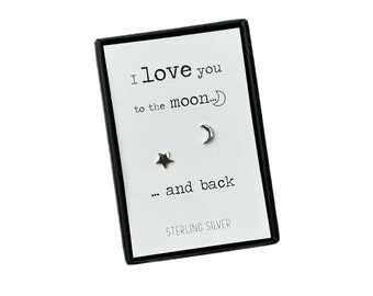 925 Sterling silver moon and star stud earrings| Silver moon and star studs | I Love you to the moon and back gift | Real silver studs