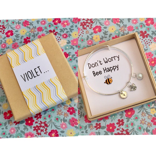 Bee gift | Silver bee bangle | Personalised bee bracelet | Silver initial bangle | Personalised bangle