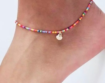 Shell Anklet | Multicoloured bead ankle bracelet | Beach ankle bracelet | Beach Anklet | Holiday jewellery