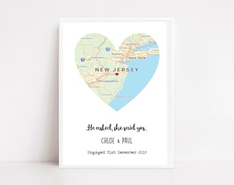 Engagement gift | Personalised map print | Engagement print | Unique engagement gift | Map Gift | He asked she said yes gift
