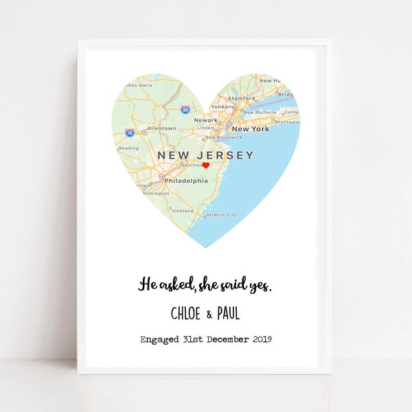 Engagement gift | Personalised map print | Engagement print | Unique engagement gift | Map Gift | He asked she said yes gift