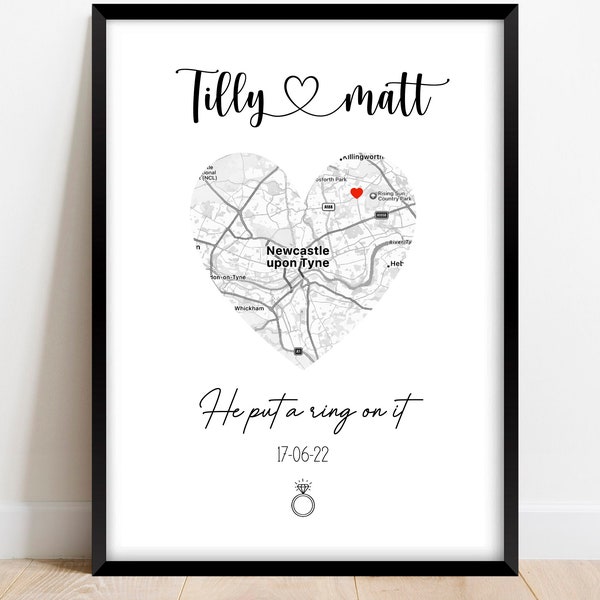 Engagement gift | Black & white map print | Engagement print | Unique engagement gift | Map Gift | He asked she said yes gift