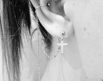 Silver cross earring with ear cuff and chain
