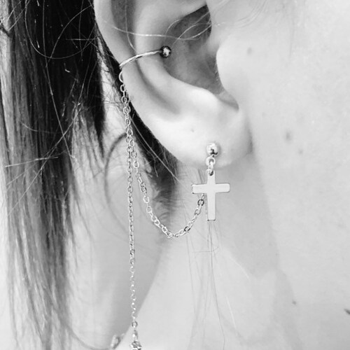 Silver Cross Earring With Ear Cuff and Chain Etsy UK