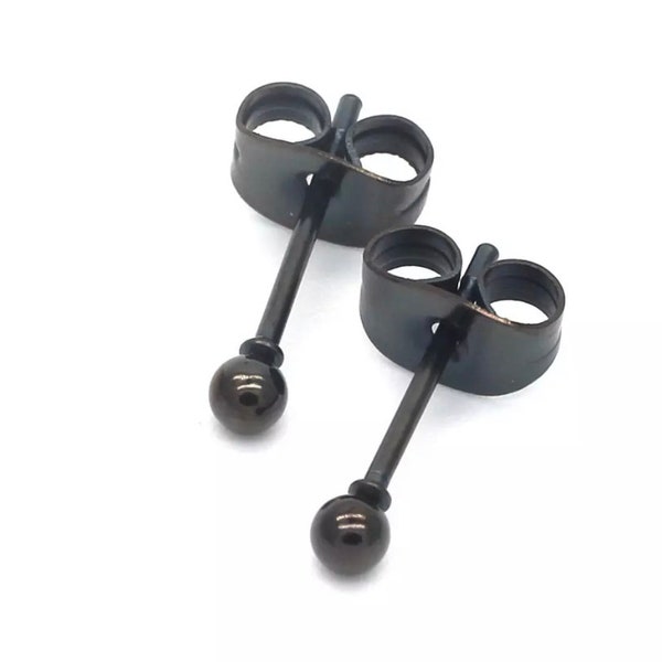 Stainless Steel Black Stud Earrings in 2mm & 3mm | Tiny black studs | Black ball stud earrings