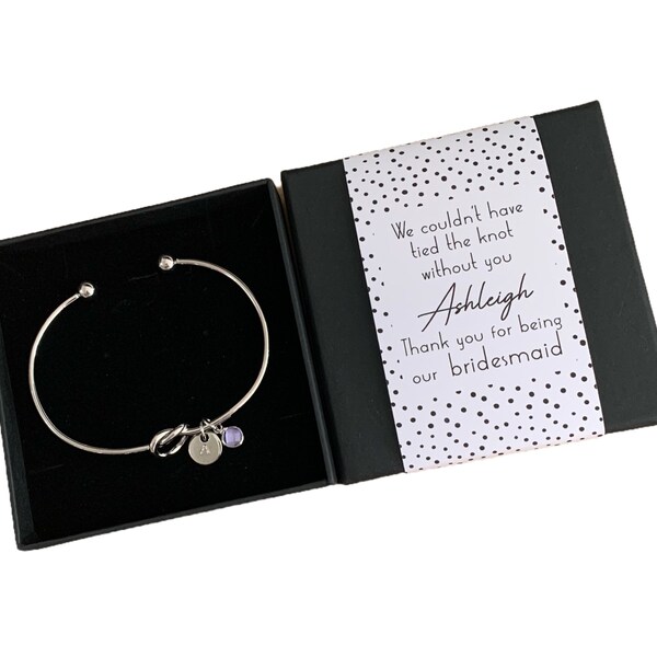 Bridesmaid gift | Bridesmaid bangle | Silver knot bangle with initial and birthstone charms | Bridesmaid favours  | Thank you bridesmaid