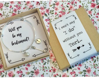 Bridesmaid gift | Bridesmaid Favour | Silver bridesmaid proposal  bangle with 3 charms | Personalised bridesmaid bracelet