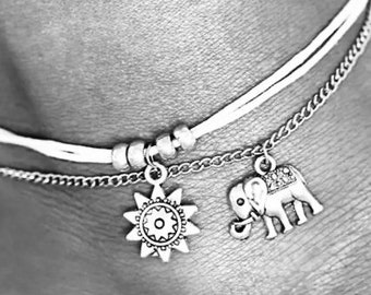 Tobillera plateada y blanca / Pulsera de tobillo de cordón / Pulsera de tobillo de elefante / Pulseras de tobillo de sol / Joyas de verano