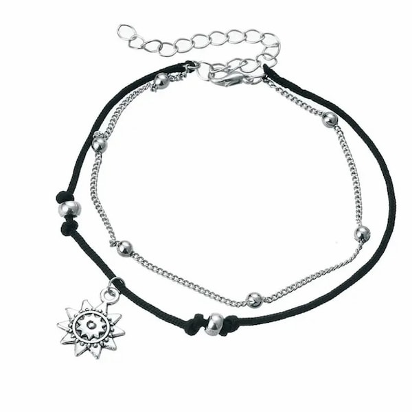 Silver & black anklet | Black cord ankle bracelet | Sun ankle bracelet | Sun charm anklet | Summer jewellery