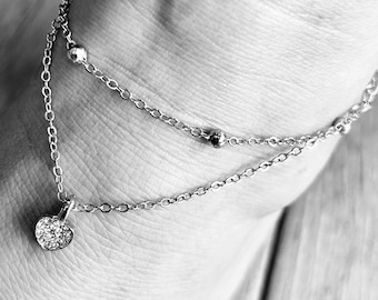 Silver Anklet | Double silver ankle chain | Heart ankle bracelet | Festival jewellery | Cubic Zirconia anklet