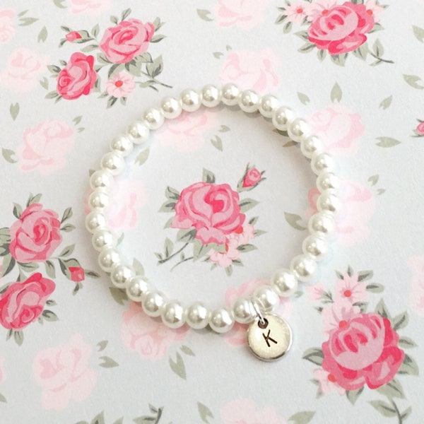 Initial bracelet | Personalised pearl bracelet complete with letter charm | Pearl bracelet with letter charm | Bridesmaid / Flower girl gift