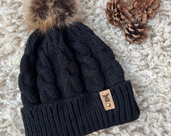 Black chunky knit beanie | Knitted black bobble hat | Chunky winter hat with pom pom