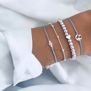 Beautiful bracelet set | Silver bead bracelet | Corded bracelet | Stacking bracelets