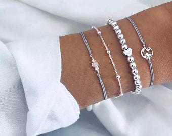 Hermoso conjunto de pulseras / Pulsera de cuentas de plata / Pulsera con cable / Pulseras apilables