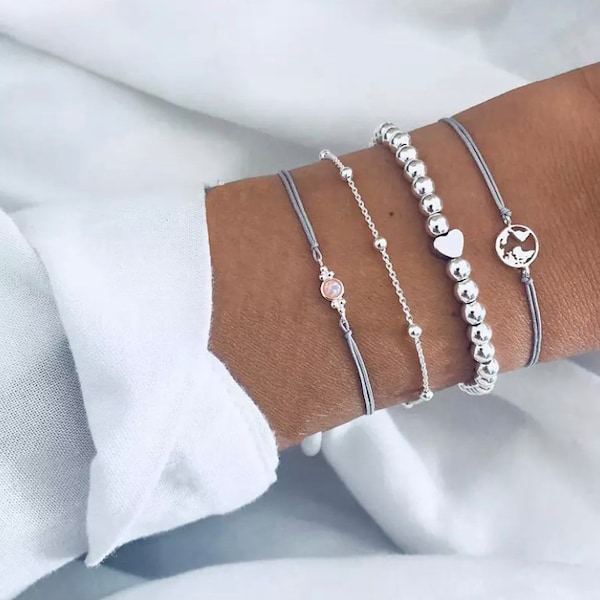 Hermoso conjunto de pulseras / Pulsera de cuentas de plata / Pulsera con cable / Pulseras apilables