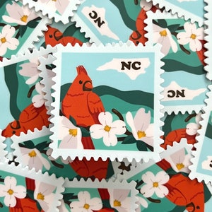 North Carolina State Stamp Sticker | NC Cardinal Mountains and Dogwood | Hydroflask Water Bottle Laptop Sticker