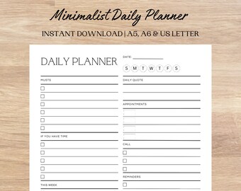 Minimalist Daily Planner, Productivity Planner, Instant Download, A4/A5/US Letter