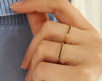 Minimalist Black Diamond Ring, 18K Round Solid Gold Diamond Wedding band for Women, 1.1mm Ultra thin ring for her, 9K 14K gold skinny ring