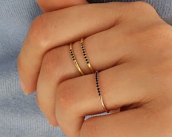 Minimalist Band, BLACK Diamond Ring, 14K 18K Solid Gold, 1.1mm Full Round Wedding Band,Unique Stacking Rings, Knuckle Stackable, Anniversary