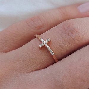Solid Gold Cross Ring, 9K 14K Gold Cross Ring, Dainty Sideways Cross, Crucifix Ring, 18K Religious Diamond Ring, Summer Gifts for Her