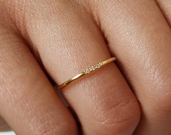 Delicate 3 Diamond Ultra Thin Ring, 1.1mm Three Stone Ring, Engagement Band, Dainty Knuckle ring, Minimalist Ring 9K 14K 18K Solid Gold