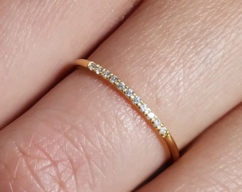 Dainty 11 Diamond Gold Ultra thin ring, 1.1mm Thin Band, 9K 14K 18K Solid Gold Engagement Wedding Ring, Half eternity Skinny Ring