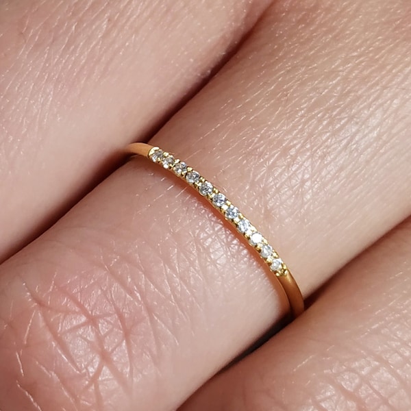 Dainty 11 Diamond Gold Ultra thin ring, 1.1mm Thin Band, 9K 14K 18K Solid Gold Engagement Wedding Ring, Half eternity Skinny Ring