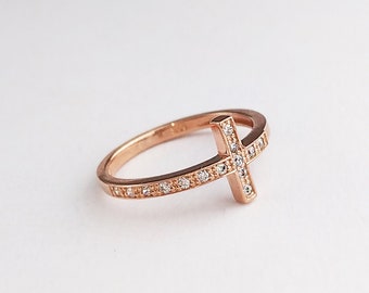 Sideways Gold Cross Ring with Zircon stones, Minimalist 18K Gold Diamond Ring, Silver Zircon Cross Ring, 9K 14K Rose gold/White gold ring