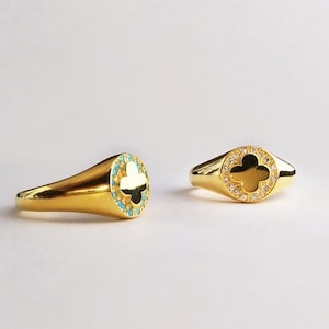 Flower Round Signet Ring, 9K/14K Gold Pinky Ring, Four Leaf Clover with blue turquoise/Zircon stones, 18K Gold Diamond Signet Ring
