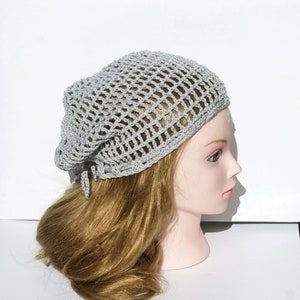 Light gray slouchy beanie crochet cotton mesh hat for dreads snood cotton hat rasta tam unisex beanie hat boho outfits