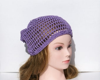 Lilac Crochet Cotton Mesh Beanie - Slouchy Boho Hippie beanie openwork Hat
