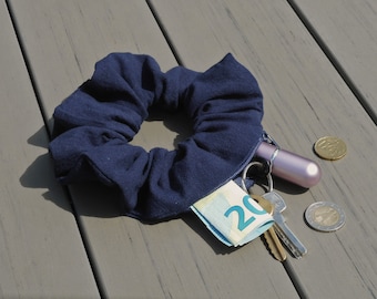 Dark Blue Cotton Zipper Scrunchie with Pocket - Stash Pouch Cuff